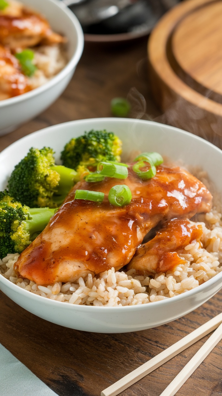 Healthy crockpot honey garlic chicken bowl with rice and broccoli, garnished with green onions.